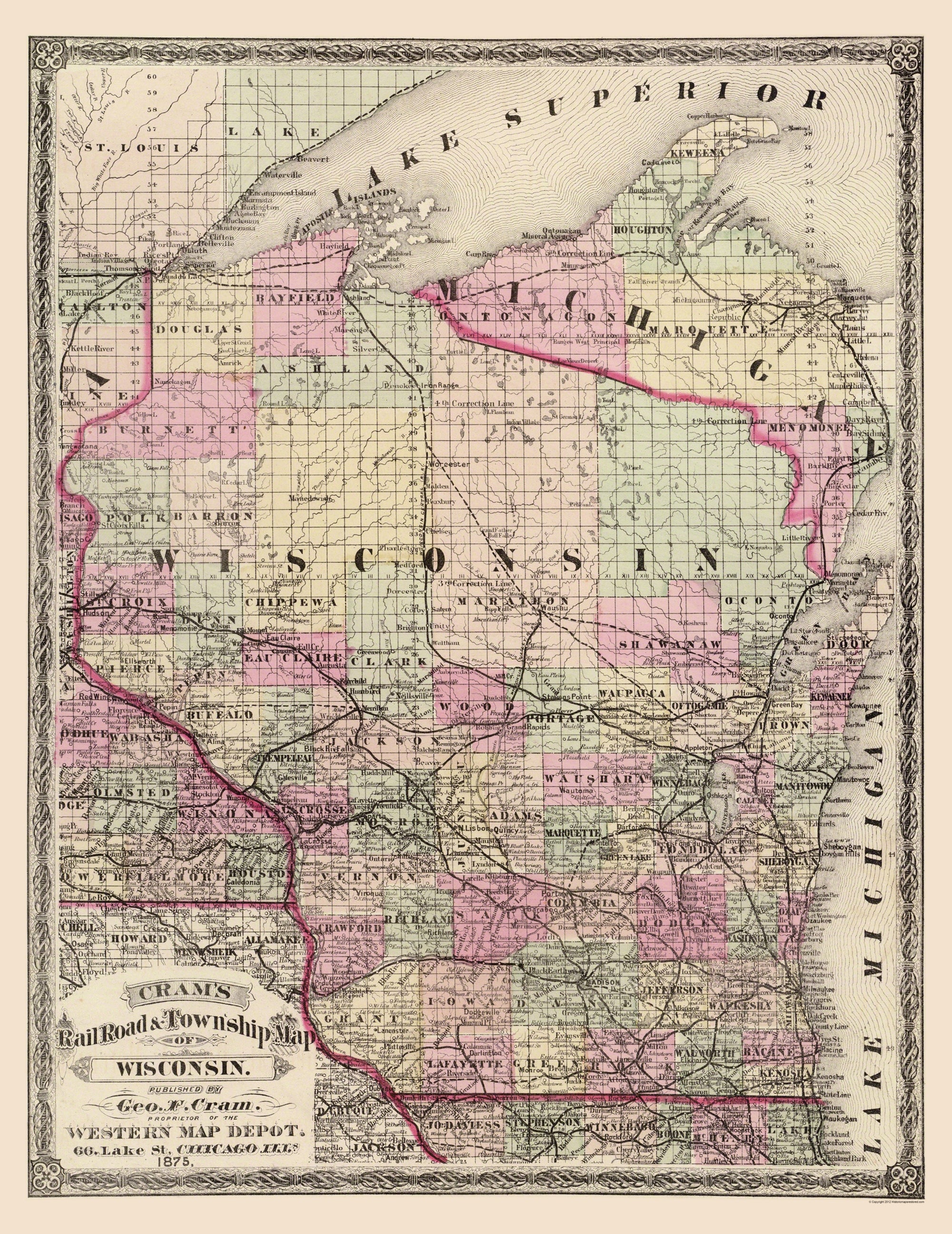 Railroad Map - Wisconsin Railroads and Townships - Cram 1875 - 23 x 29 ...