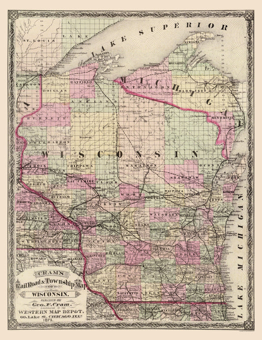 Railroad Map - Wisconsin Railroads and Townships - Cram 1875 - 23 x 29.63 - Vintage Wall Art