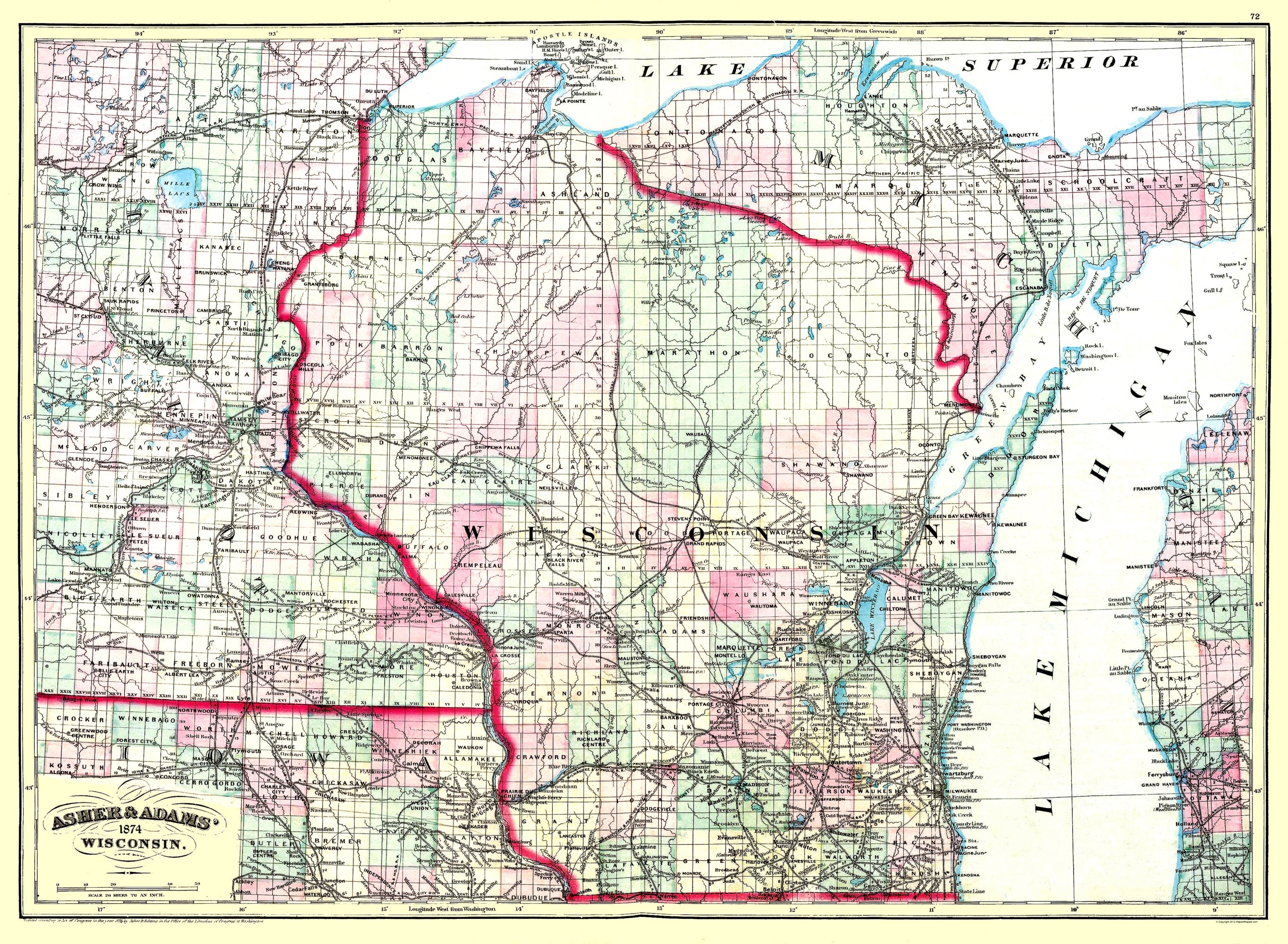 Historic State Map - Wisconsin - Asher 1874 - 31.38 x 23 - Vintage Wal ...