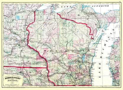 Historic State Map - Wisconsin - Asher 1874 - 31.38 x 23 - Vintage Wall Art