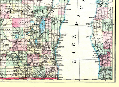 Historic State Map - Wisconsin - Asher 1874 - 31.38 x 23 - Vintage Wall Art