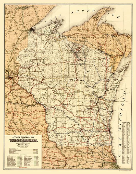Railroad Map - Wisconsin Railroads - Rice 1900 - 23 x 29.36 - Vintage Wall Art