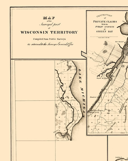 Historic State Map - Wisconsin Territory Surveys - Surveyor General 1835 - 23 x 28.79 - Vintage Wall Art