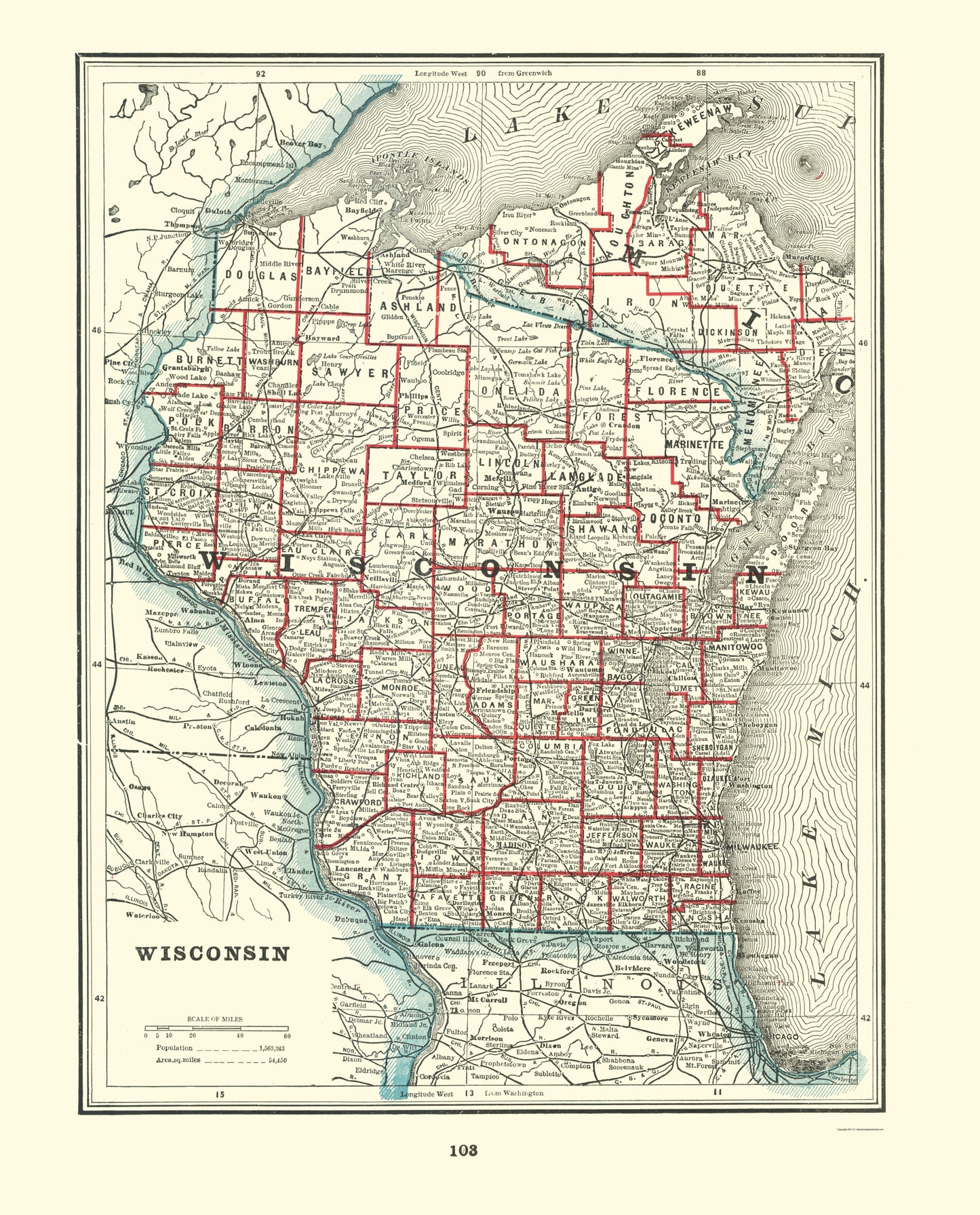 Historic State Map - Wisconsin - Rathbun 1893 - 23 x 28.52 - Vintage Wall Art