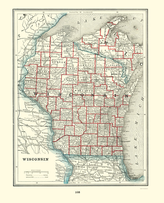 Historic State Map - Wisconsin - Rathbun 1893 - 23 x 28.52 - Vintage Wall Art