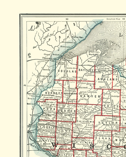 Historic State Map - Wisconsin - Rathbun 1893 - 23 x 28.52 - Vintage Wall Art