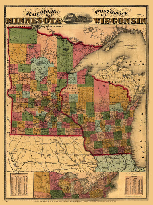 Historic State Map - Minnesota Wisconsin - Lloyd 1871 - 23 x 30.64 - Vintage Wall Art