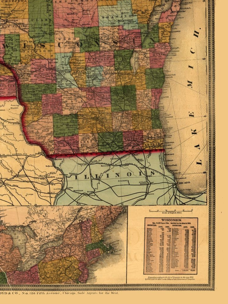 Historic State Map - Minnesota Wisconsin - Lloyd 1871 - 23 x 30.64 - Vintage Wall Art