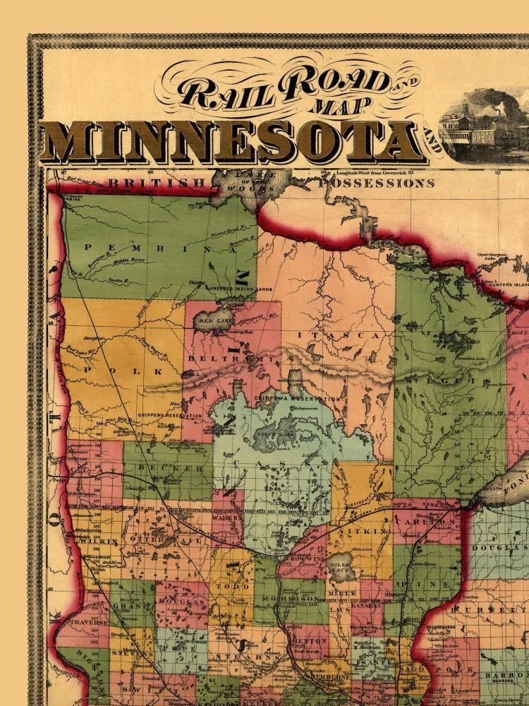 Historic State Map - Minnesota Wisconsin - Lloyd 1871 - 23 x 30.64 - Vintage Wall Art