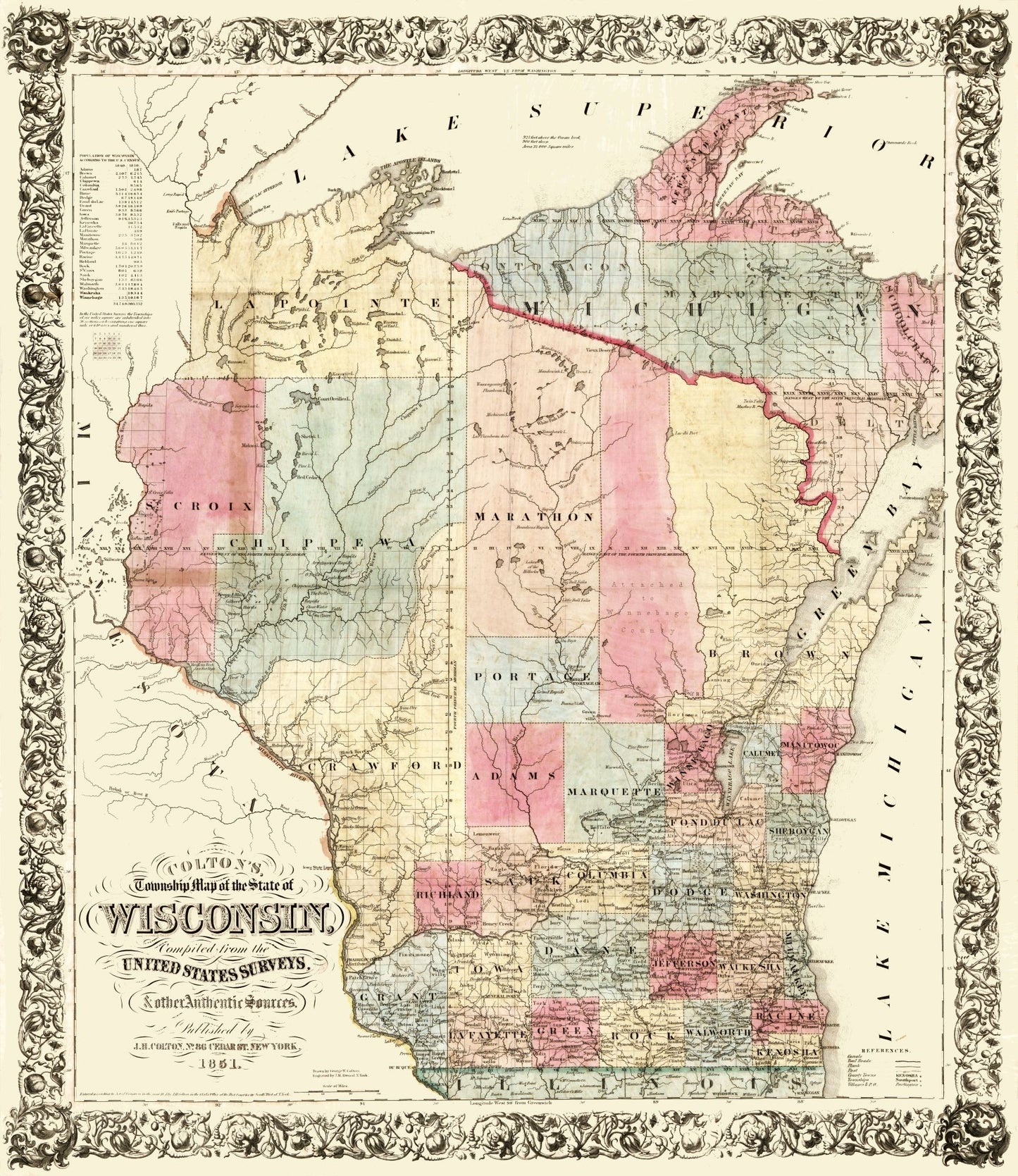 Historic State Map - Wisconsin - Colton 1851 - 23 x 26.56 - Vintage Wall Art