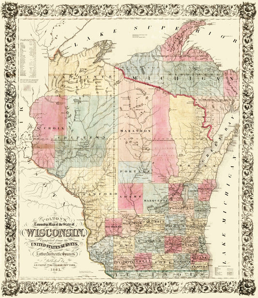 Historic State Map - Wisconsin - Colton 1851 - 23 x 26.56 - Vintage Wall Art