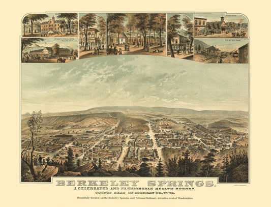 Historic Panoramic View - Berkeley Springs West Virginia - Hoen 1889 - 23 x 30.14 - Vintage Wall Art