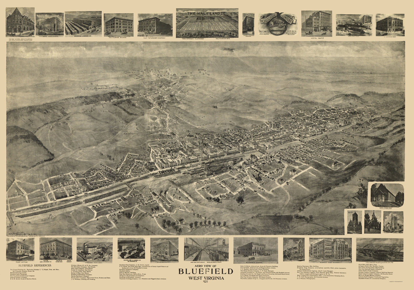 Historic Panoramic View - Bluefield West Virginia - Fowler 1911 - 23 x 32.80 - Vintage Wall Art