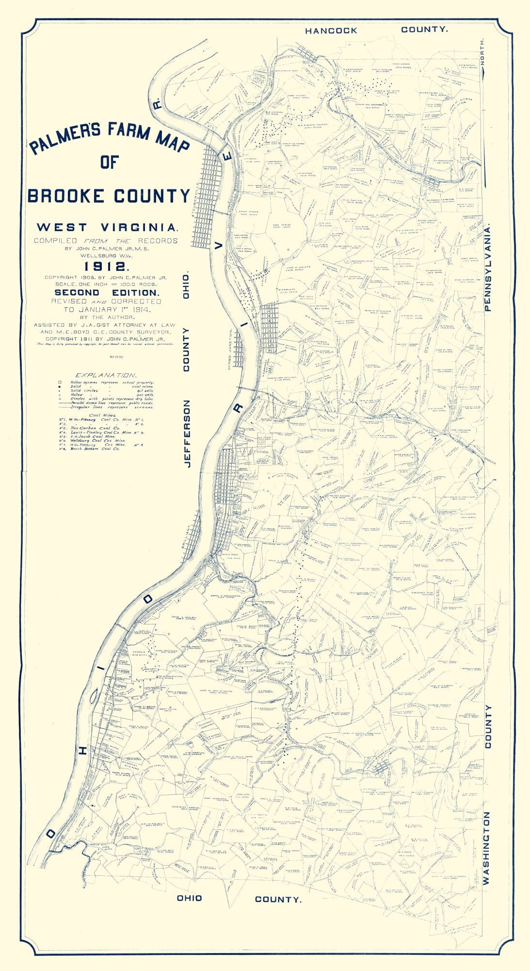 Historic County Map - Brooke County West Virginia - Palmer 1912 - 23 x 42.07 - Vintage Wall Art