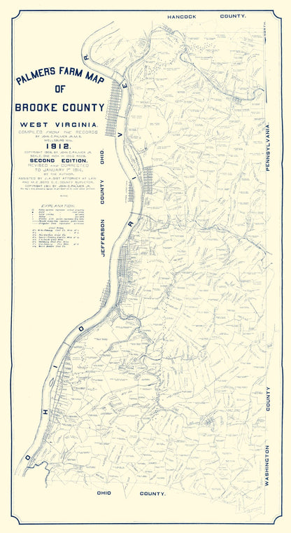 Historic County Map - Brooke County West Virginia - Palmer 1912 - 23 x 42.07 - Vintage Wall Art