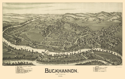 Historic Panoramic View - Buckhannon West Virginia - Fowler 1900 - 23 x 36.53 - Vintage Wall Art