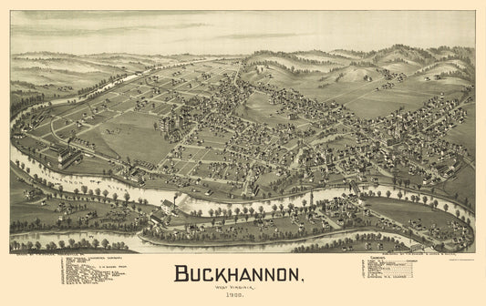 Historic Panoramic View - Buckhannon West Virginia - Fowler 1900 - 23 x 36.53 - Vintage Wall Art