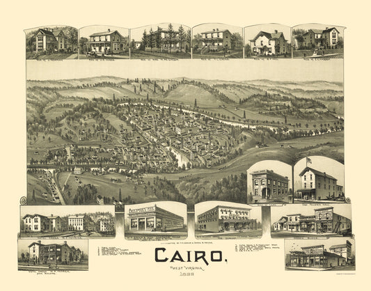 Historic Panoramic View - Cairo West Virginia - Fowler 1899 - 23 x 29.33 - Vintage Wall Art