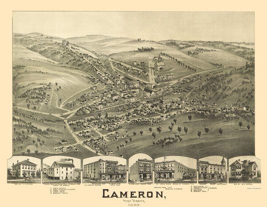 Historic Panoramic View - Cameron West Virginia - Fowler 1899 - 23 x 29.65 - Vintage Wall Art