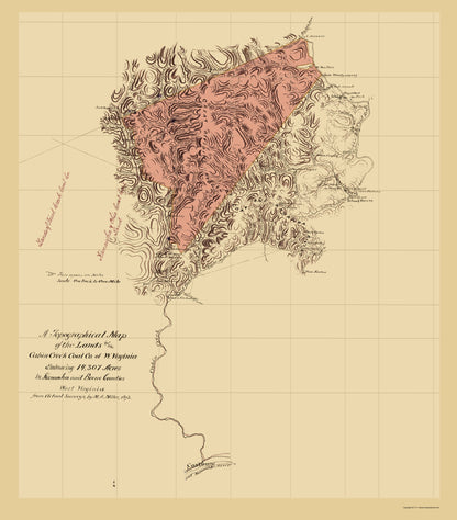 Historic Mine Map - Cabin Creek Coal Company West Virginia - Miller 1873 - 23 x 26 - Vintage Wall Art