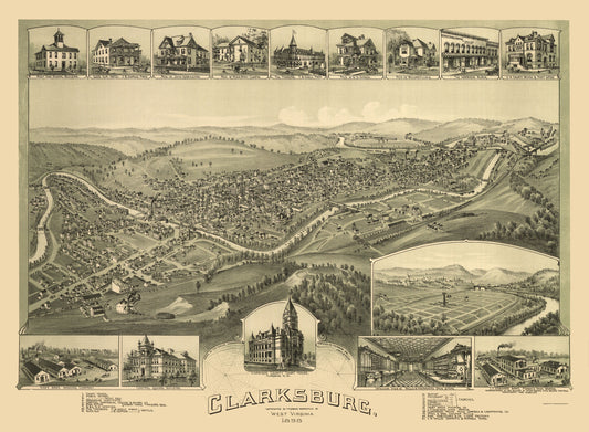 Historic Panoramic View - Clarksburg West Virginia - Fowler 1898 - 23 x 31.35 - Vintage Wall Art