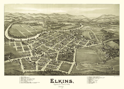 Historic Panoramic View - Elkins West Virginia - Fowler 1897 - 23 x 32.08 - Vintage Wall Art