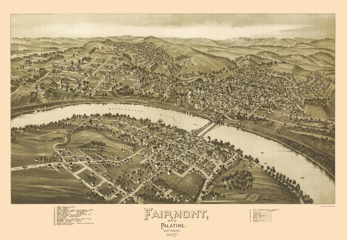 Historic Panoramic View - Fairmont Palatine West Virginia - Fowler 1897 - 23 x 33.29 - Vintage Wall Art