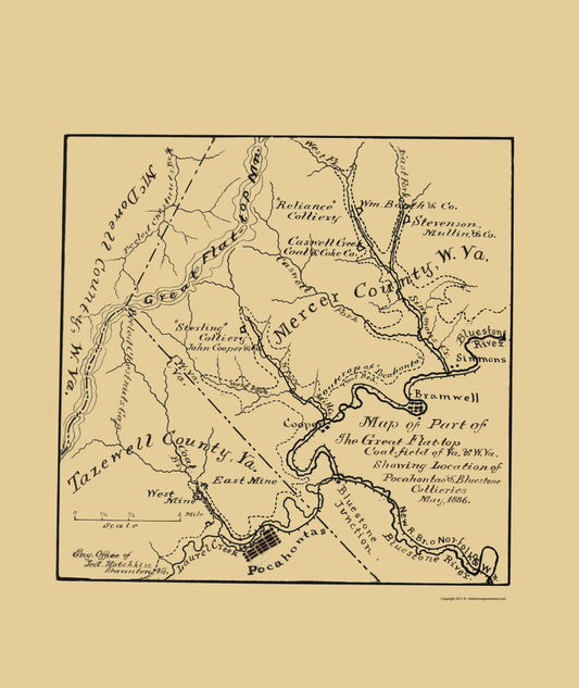 Historic Mine Map - Flat Top Coal Field West Virginia - Hotchkiss 1886 - 23 x 27 - Vintage Wall Art