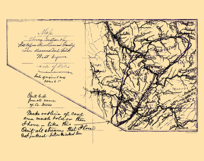 Historic Mine Map - Lower Measures Coal Fields West Virginia - Anon 1880 - 23 x 29 - Vintage Wall Art