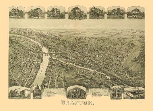 Historic Panoramic View - Grafton West Virginia - Fowler 1898 - 23 x 31.58 - Vintage Wall Art