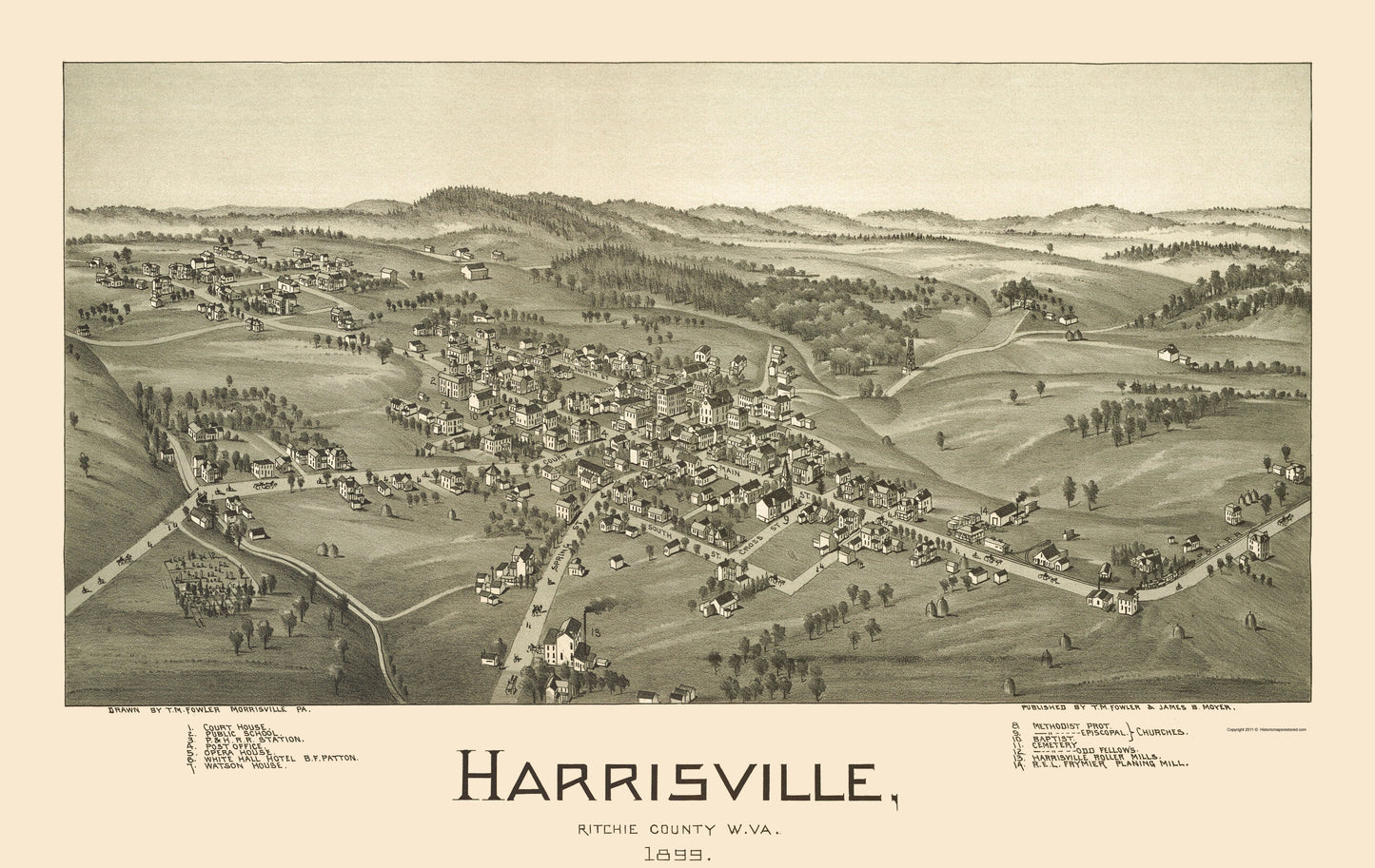 Historic Panoramic View - Harrisville West Virginia - Fowler 1899 - 23 x 36.42 - Vintage Wall Art