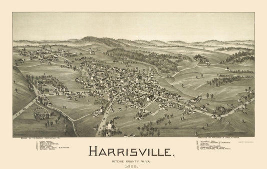 Historic Panoramic View - Harrisville West Virginia - Fowler 1899 - 23 x 36.42 - Vintage Wall Art