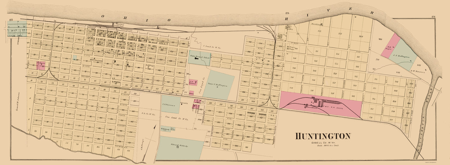 Historic City Map - Huntington West Virginia - Hayes 1877 - 23 x 62.51 - Vintage Wall Art