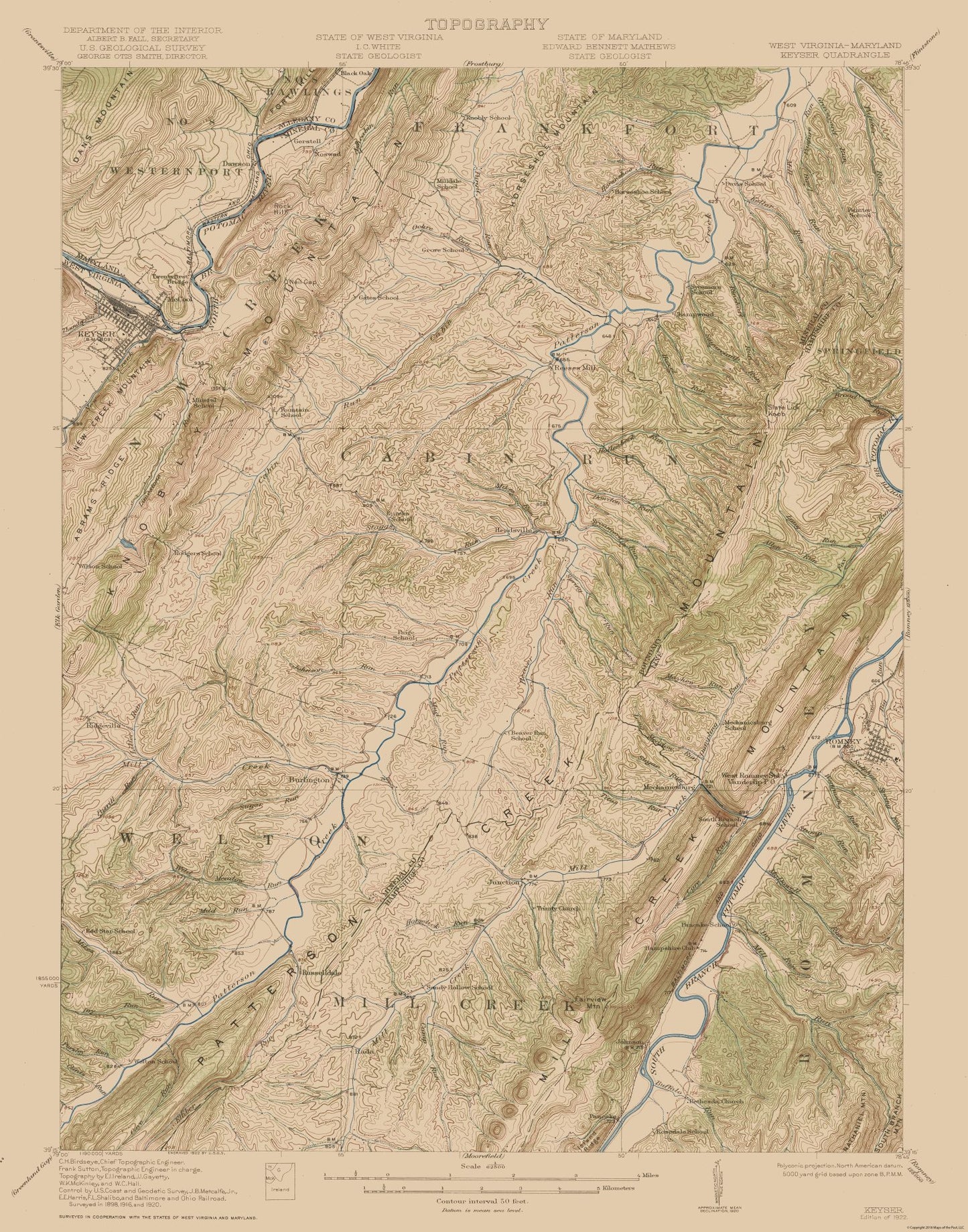 Topographical Map - Keyser West Virginia Maryland Quad - USGS 1920 - 23 x 29.29 - Vintage Wall Art