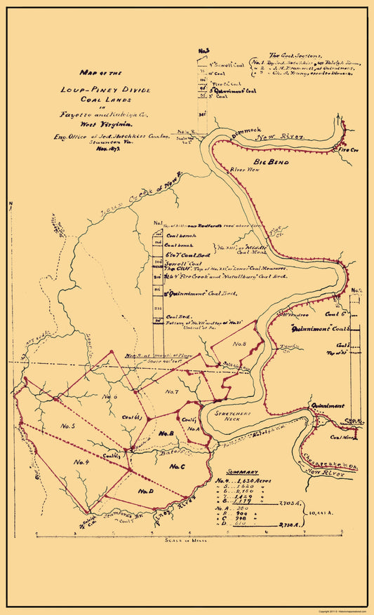 Historic Mine Map - Loup Piney Divide Coal Lands West Virginia - Hotchkiss 1879 - 23 x 37 - Vintage Wall Art