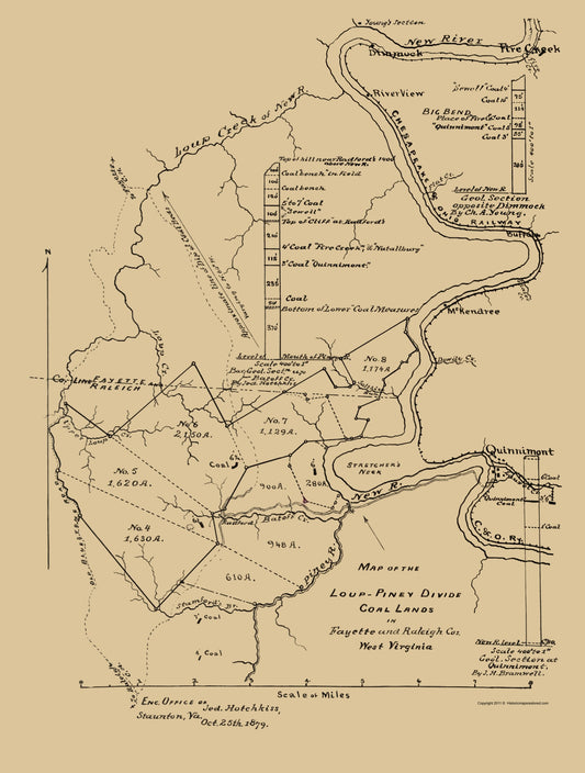 Historic Mine Map - Loup Piney Divide Coal Lands Outline West VA - Hotchkiss 1879 - 23 x 30 - Vintage Wall Art