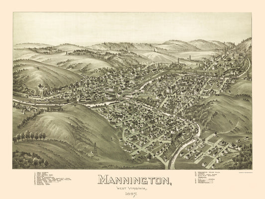 Historic Panoramic View - Mannington West Virginia - Fowler 1897 - 23 x 30.60 - Vintage Wall Art