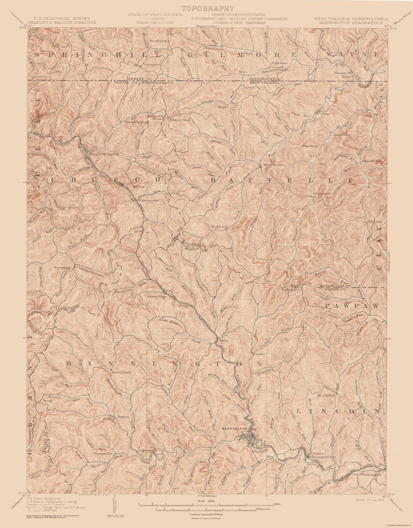 Topographical Map - Mannington West Virginia Quad - USGS 1905 - 23 x 29.42 - Vintage Wall Art