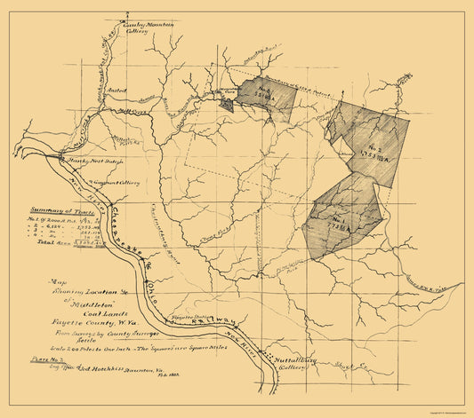 Historic Mine Map - Middleton Coal Lands Fayette County West VA - Hotchkiss 1882 - 23 x 26 - Vintage Wall Art