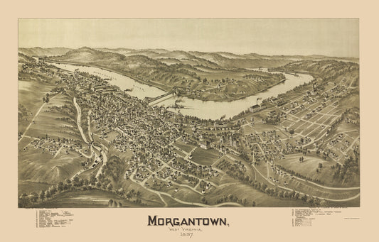 Historic Panoramic View - Morgantown West Virginia - Fowler 1897 - 23 x 35.95 - Vintage Wall Art