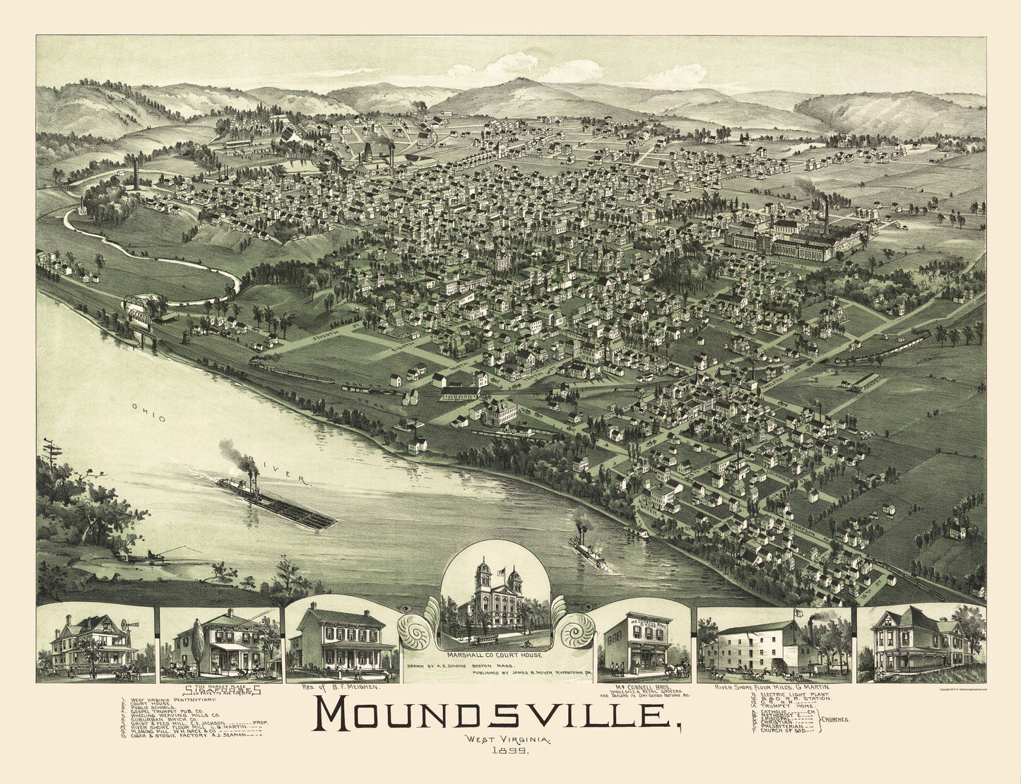 Historic Panoramic View - Moundsville West Virginia - Moyer 1899 - 23 x 29.93 - Vintage Wall Art