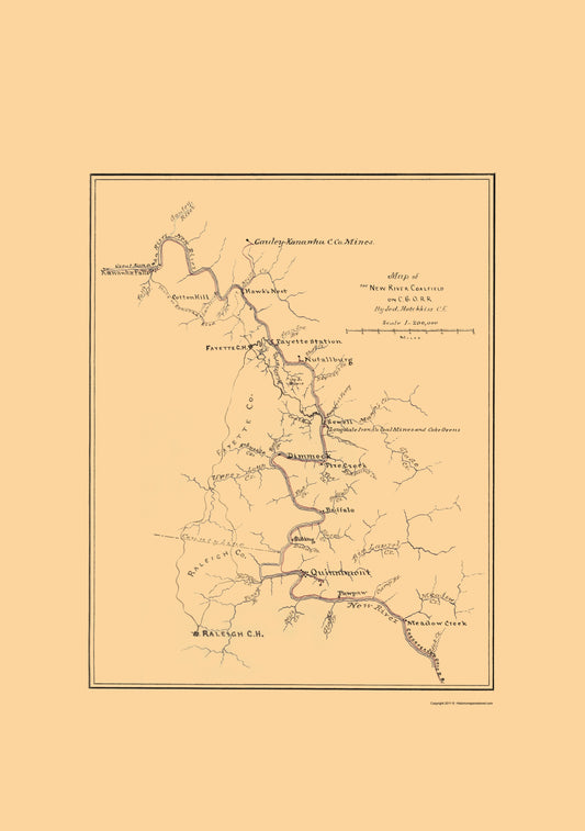 Historic Mine Map - New River Coal Field West VA - Hotchkiss 1880 - 23 x 32 - Vintage Wall Art