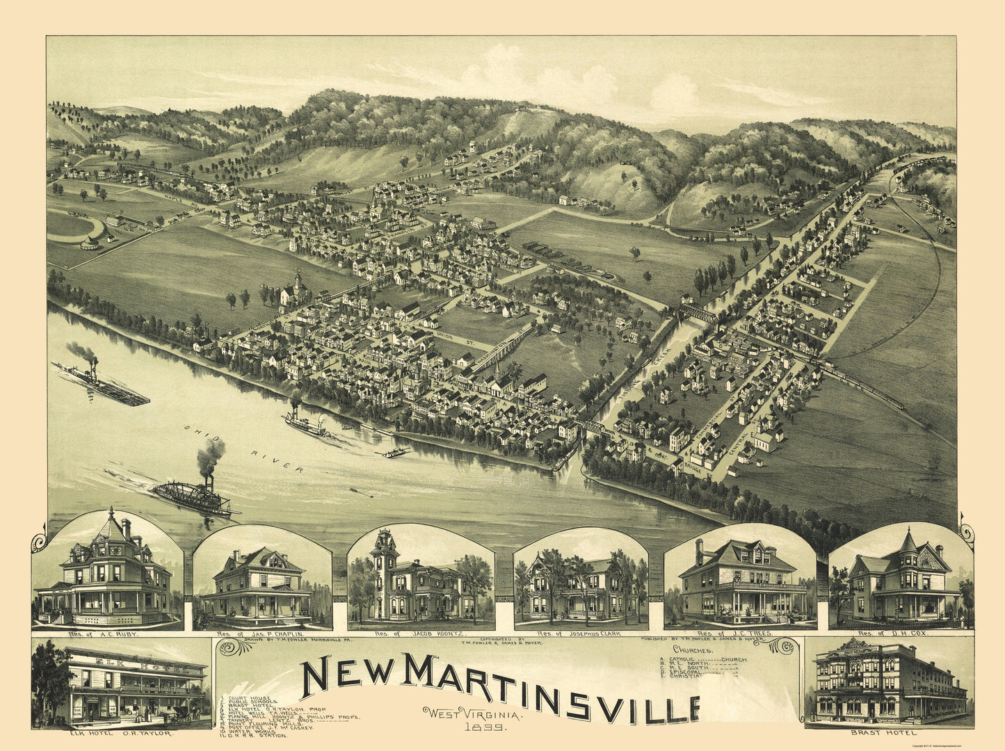 Historic Panoramic View - New Martinsville West Virginia - Fowler 1899 - 23 x 30.76 - Vintage Wall Art