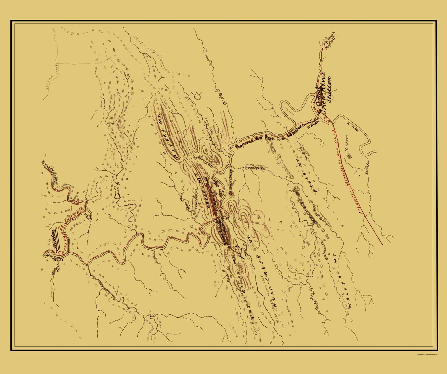 Railroad Map - New River Railroad - Hotchkiss 1880 - 23 x 27.48 - Vintage Wall Art