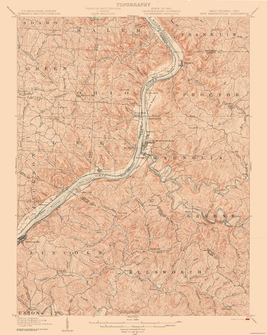 Topographical Map - New Martinsville West Virginia Quad - USGS 1905 - 23 x 28.85 - Vintage Wall Art