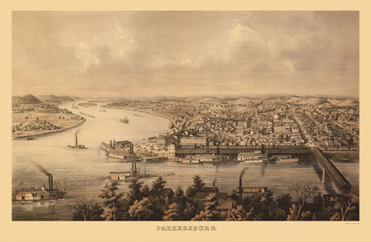 Historic Panoramic View - Parkersburg West Virginia - Hoen 1861 - 23 x 35.13 - Vintage Wall Art