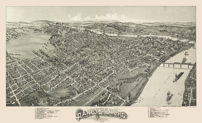 Historic Panoramic View - Parkersburg West Virginia - Fowler 1899 - 23 x 37.69 - Vintage Wall Art