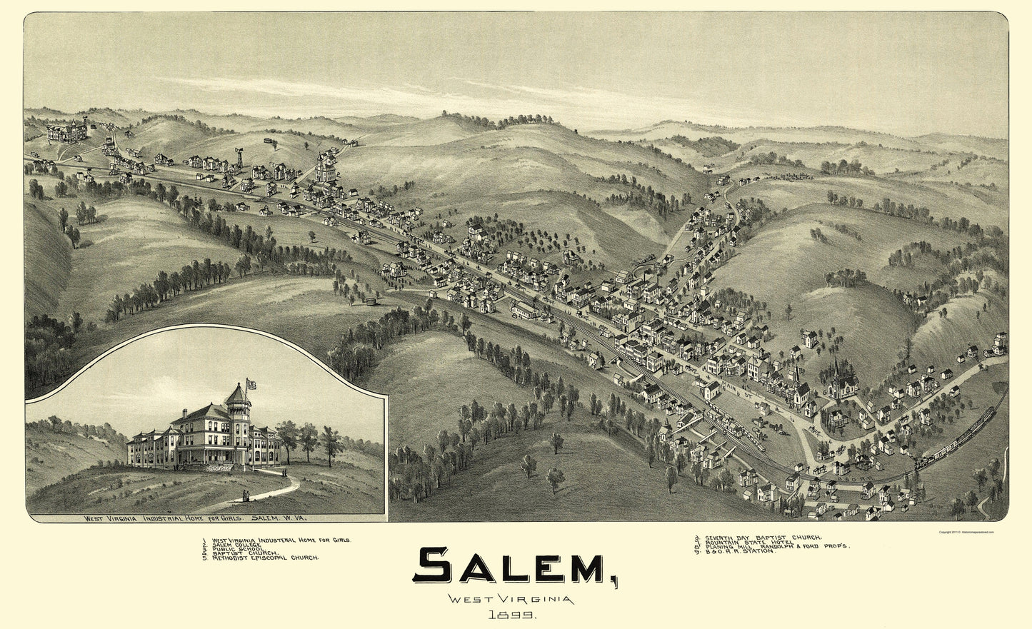 Historic Panoramic View - Salem West Virginia - Fowler 1899 - 23 x 37.74 - Vintage Wall Art