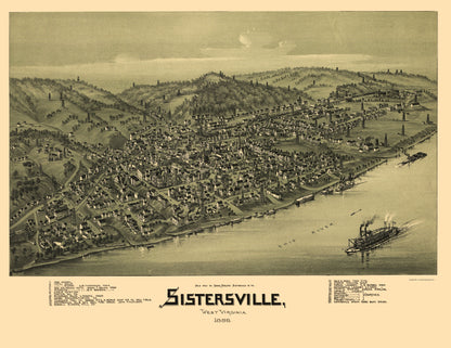 Historic Panoramic View - Sistersville West Virginia - Fowler 1896 - 23 x 29.81 - Vintage Wall Art