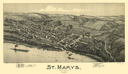 Historic Panoramic View - St Marys West Virginia - Fowler 1899 - 23 x 39.46 - Vintage Wall Art